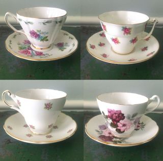 4 Mismatched Vintage English Bone China Tea Cups & Saucers - Pink Florals