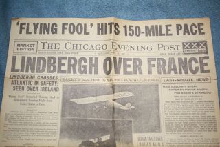 Vintage Antique Lindbergh Over France Newspaper 1927 Aviation Historic Event