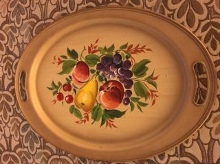 Large Vintage Toleware Hand Painted Metal Oval Serving Tray Tan 19 - 1/2” X 14”