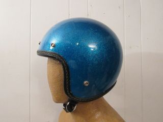Vintage 1960s 70s Arai Hirotake Motorcycle Helmet Blue Metallic Flake Medium