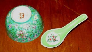 Vintage Chinese Famille Rose Porcelain Bowl & Spoon Flowers & Bats Blue & Green 3