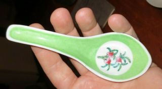 Vintage Chinese Famille Rose Porcelain Bowl & Spoon Flowers & Bats Blue & Green 4