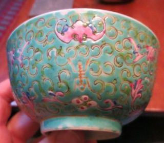 Vintage Chinese Famille Rose Porcelain Bowl & Spoon Flowers & Bats Blue & Green 5