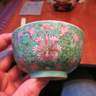 Vintage Chinese Famille Rose Porcelain Bowl & Spoon Flowers & Bats Blue & Green 6