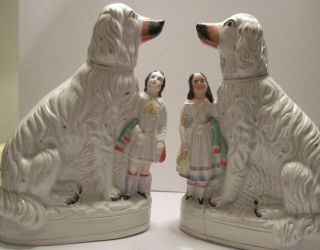 Xlarge & Rare Antique Staffordshire Dogs W/girl & Boy