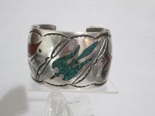 Vtg Sterling Silver Zuni Bird Cuff Bracelet Crush Turquoise Coral Inlay 94.  6 Gr
