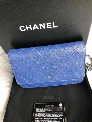 Auth Chanel Wallet On Chain Woc Calf Skin Blue Silver Hw Rare Item