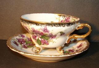 Vintage China Footed Tea Cup And Saucer Hand - Painted Purple Floral Gold Trim
