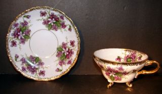 VINTAGE CHINA FOOTED TEA CUP AND SAUCER HAND - PAINTED PURPLE FLORAL GOLD TRIM 2