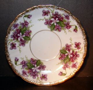 VINTAGE CHINA FOOTED TEA CUP AND SAUCER HAND - PAINTED PURPLE FLORAL GOLD TRIM 3