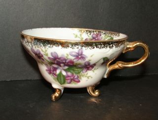 VINTAGE CHINA FOOTED TEA CUP AND SAUCER HAND - PAINTED PURPLE FLORAL GOLD TRIM 4