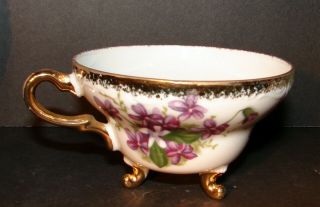 VINTAGE CHINA FOOTED TEA CUP AND SAUCER HAND - PAINTED PURPLE FLORAL GOLD TRIM 5
