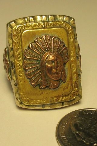Vintage Mexico Mexican Indian Head Standing Lions Biker Ring
