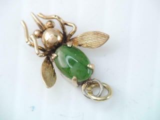 Vintage Hong Kong Solid 14k Gold Green Jade Jadeite Insect Fly Charm