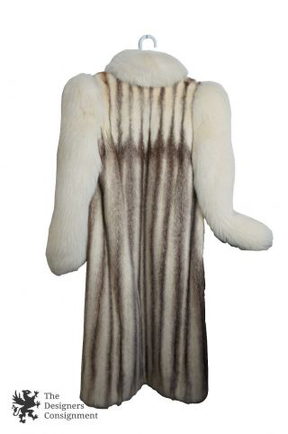 Vtg Plush Full Length Cross Mink Coat Ivory Mahogany Fur Swing Jacket Fox Trim