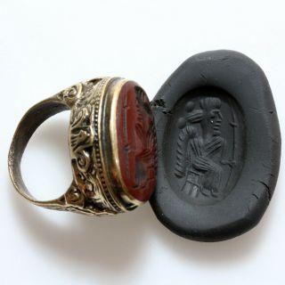 Intact Polished Bronze Persian Seal Ring Circa 1500 - 1600 Ad With Gem Stone