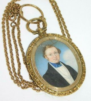 Antique,  Victorian Gold Mourning Locket Pendant Hand Painted Portrait With Hair