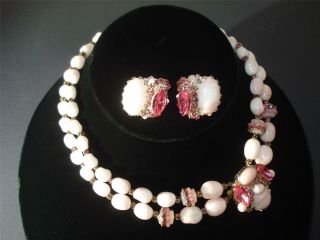 Vtg.  Signed Miriam Haskell Set Neckalce&earrings Pink White Fuchsia Glass Beads