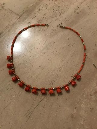 Vintage Coral And 14k Gold Beads Necklace In