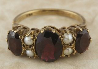 Vintage 9ct Yellow Gold Multi Garnet And Seed Pearl Cluster Ring Size N