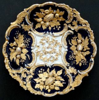 Meissen Antique Cobalt & Gold Gilt Embossed Rococo Fruit Porcelain Bowl Plate