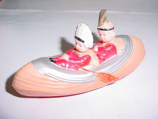 Vintage Japan Celluloid Indian Children In Canoe Rattle Toy Figurine Souvenir