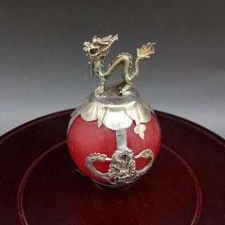Collectable Red Jade Armor Tibetan Silver Hand - Carve Zodiac Statue - - Dragon