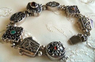 Antique Sterling Silver 925 Sliding Charm Bracelet Red Stone 45.  5 Gr