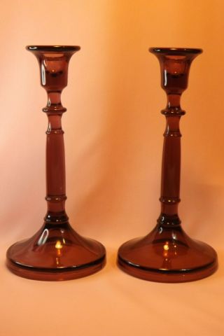 Purple Glass Candlesticks 9 1/2 Inches Tall With 4 1/2 Inch Base Elegant