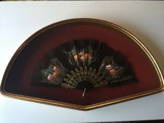 Vintage European French Hand Painted Black Lace Hand Fan W/wooden Frame