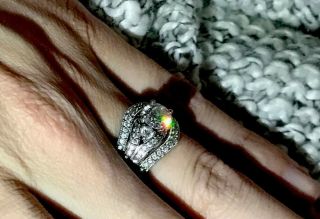 Vintage style three stone diamond ring with wedding bands 4