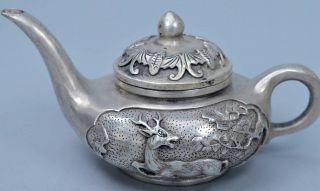 China Ancient Collectable Old Miao Silver Carve Pine Tree & Crane Lucky Tea Pots