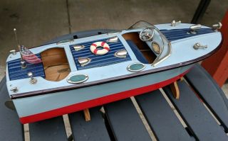 Vintage Battery Operated Wooden Toy Speed Boat Made In Japan TWTPA 3