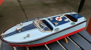 Vintage Battery Operated Wooden Toy Speed Boat Made In Japan TWTPA 4