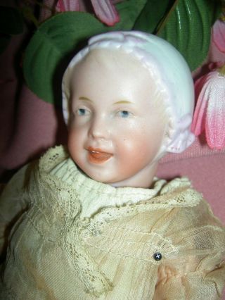 Darling Antique Recknagel,  German Bisque Character Toddler Doll W/molded Bonnet
