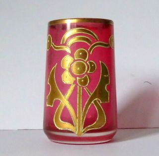 Antique Art Nouveau Miniature Satin Finish Cranberry Posy Vase,  Hand Gold Decor.
