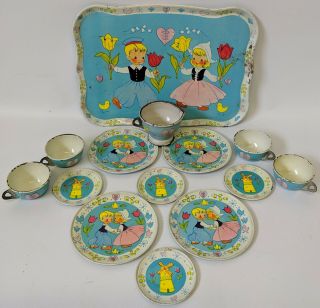 Vintage 1950 ' s J.  CHEIN Tin Lithographed Child ' s Miniature Tea Set Toy Playset 2