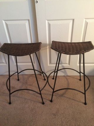 Vtg Arthur Set Of 2 Counter Bar Stools Wicker Rattan Style Of Arthur Umanoff