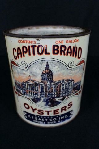 Rare 1 Gallon Capitol Brand Ff East Co Maurice River Nj Oyster Tin Litho Can