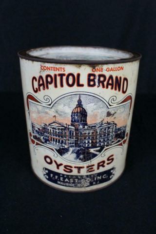 RARE 1 GALLON CAPITOL BRAND FF EAST CO MAURICE RIVER NJ OYSTER TIN LITHO CAN 2