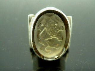 Vintage Lion Cat Citrine Seal Gemstone Intaglio Sterling Silver 925 Ring Size 6