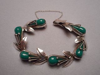 Old Mexican Sterling Silver & Green Stone Floral Link Bracelet - Squash Blossom?