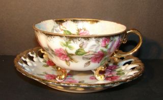 Vintage China Footed Tea Cup And Saucer Hand - Painted Pink Rose Gold Trim