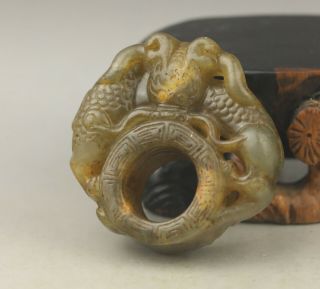 Old Chinese Natural Jade Hand - Carved Dragon Ring Pendant