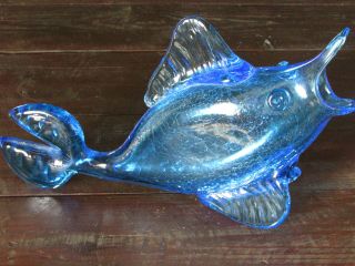 Vintage Mid - Century Modern - Mcm - Rainbow - Crackle Art Glass Fish - Handblown - Blue