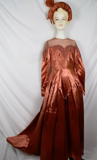 Prop House Early 40s Copper Satin Dress W Hat Ballgown Hollywood Victorian Film