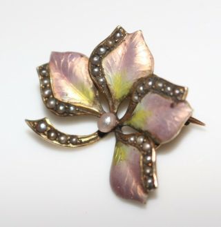 Antique Nouveau 14k Gold Enamel Seed Pearl Leaf Flower Brooch Pin 3.  3 Grams 2