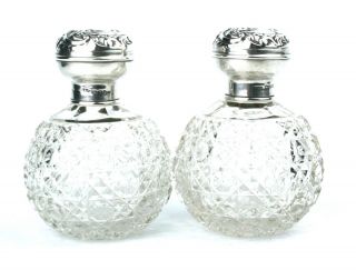 Antique Sterling Silver Perfume Scent Bottles Hobnail Cut Pair Chester 1905