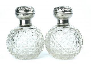 Antique Sterling Silver Perfume Scent Bottles Hobnail Cut Pair Chester 1905 2