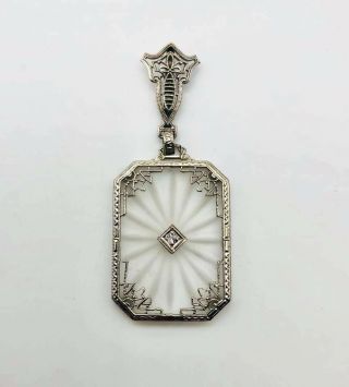 Stunning Large Art Deco Solid 14k White Gold Camphor Glass And Diamond Pendant
